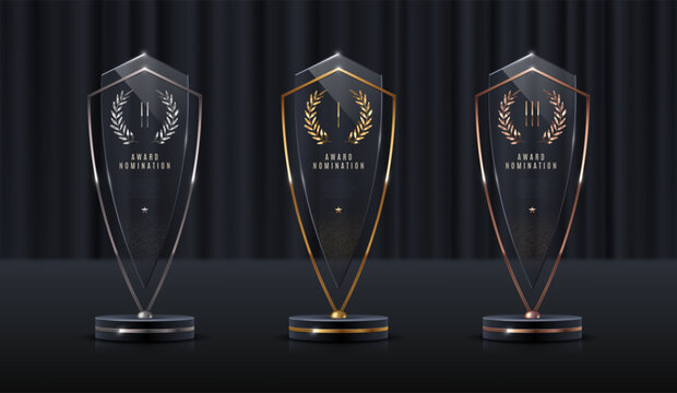 Set of glass award trophy with laurel wreath. Transparent prize template with golden laurel branches. Winner first place concept. Vector illustration.