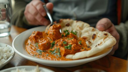 Wall Mural - Person savoring a plate of spicy Indian chicken tikka masala with tomato-based curry and naan bread