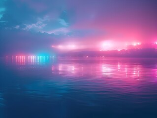 Wall Mural - Neon Pink and Blue Skyline Reflecting on Calm Lake Landscape