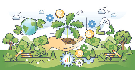 Sustainable investment with green money profits outline hands concept. Ecological business growth with environmental responsible practices vector illustration. Eco friendly and clean future.