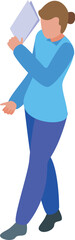 Poster - Office worker walking and reading documents, busy businesswoman going to meeting, isometric illustration
