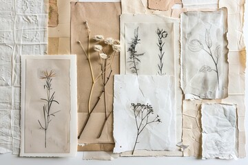 Vintage botanical illustrations on textured paper collage