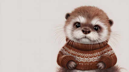 A cute baby otter wearing a sweater and looking sad
