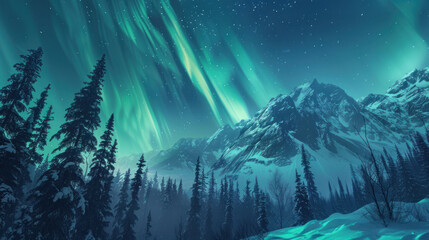Northern lights dance over a winter forest, casting a green glow on the mountains. A picturesque night scene of polar lights amidst the winter wilderness. A captivating image for the festive season.