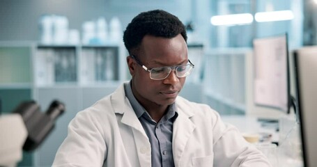 Poster - Science, research and black man in laboratory with computer for results, ideas and medical study. Technology, scientist or lab technician reading web review, report or data on pharmaceutical study
