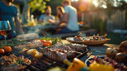 Wall Mural - Outdoor Grill BBQ Party Savoring Grilled Delicacies with Friends and Family