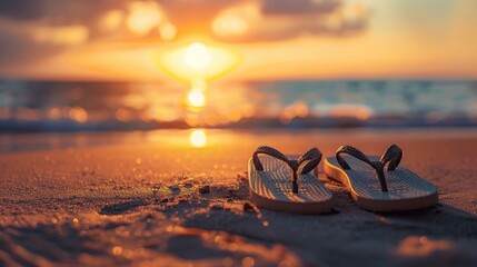 A pair of flip flops is laying on the beach at sunset