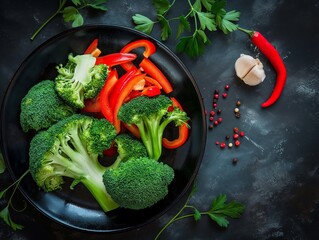 Wall Mural - healthy nutrition, dishes from fresh broccoli and red pepper. Macro photo green fresh vegetable broccoli