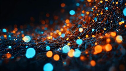 Poster - Dynamic visualization of interconnected blue and orange dots representing data networks and digital communication.