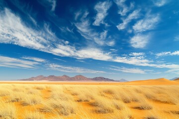Wall Mural - Golden desert landscape with arid hills, blue sky, and dramatic cloudscape