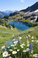 a breathtaking summer landscape with a picturesque lake, towering mountains, lush meadows, and vibra
