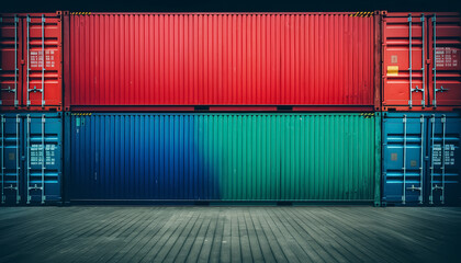 A row of blue and red shipping containers stacked on top of each other