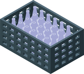 Poster - Empty glass bottles standing inside an open black plastic crate for storage or transportation