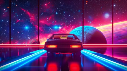 futuristic parking of cars in space with lights and creative style illustration concept design 