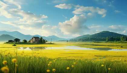 Wall Mural - A beautiful countryside with a yellow field and a road leading to a village