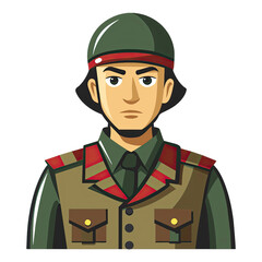 A cartoon illustration of a soldier wearing a green uniform and helmet with a red stripe, set against a white background. Generative AI