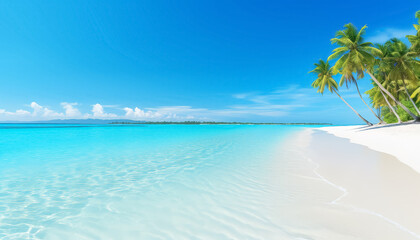Wall Mural - A beautiful beach with palm trees and a clear blue ocean