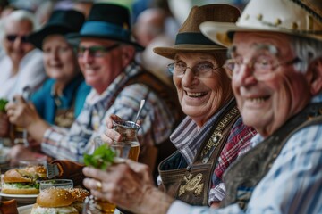 elderly group enjoying bavarian meal at oktoberfest, highlighting family-friendly festival atmospher