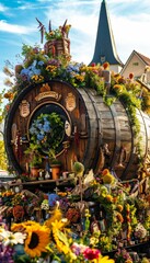 Traditional Bavarian Parade Float with Decorative Beer Barrel and Colorful Floral Arrangements