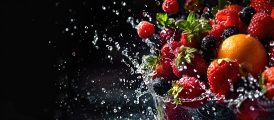 Wall Mural - Fruit splashing against a dark background