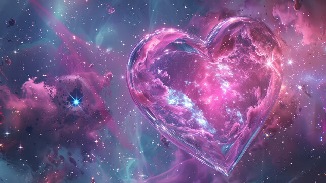 3d abstract heart in space cosmos in purple colors. Fantasy futuristic fluid liquid holographic dreamy y2k texture. Love valentines day romantic postcard. Digital art AI 