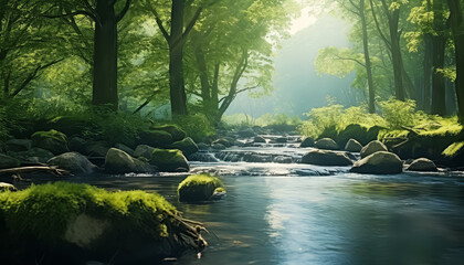 Wall Mural - A quiet river flows in the forest in summer among green trees