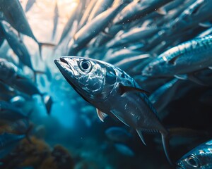 Canvas Print - Synchronous Silver Mackerel School Underwater in Ocean Ecosystem