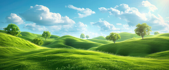 Wall Mural - Beautiful green grassy hills with trees and a blue sky background. 