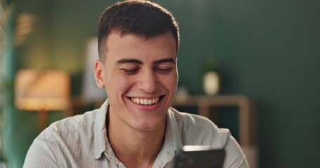 Poster - Laughing, social media and man with smartphone on sofa for communication, scroll internet or networking in home. Online, happiness and person with mobile for funny meme, notification or typing post