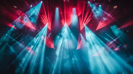 Fototapete - Stage lights casting bright beams onto a performer during a concert, capturing the energy of the event