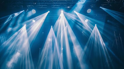 Fototapete - Stage lights casting bright beams onto a performer during a concert, capturing the energy of the event