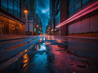 Wall Mural - Reflections of neon lights, searchlight, smoke on wet asphalt.