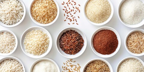 Assortment of various types of rice in white bowls on a white background.