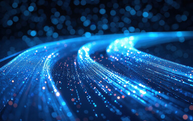 Poster - abstract image of blue light trails and bokeh; representation of data, technology, and speed in a di