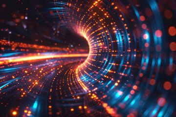 Poster - vibrant digital tunnel with glowing lights, representing high-speed data transfer and futuristic tec