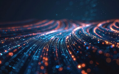 Poster - abstract digital wave of glowing particles and lines on a dark background, showcasing modern technol