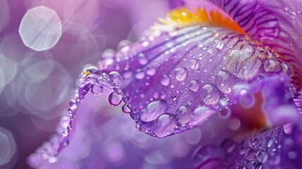 Poster - Water droplets clinging to the delicate filaments of a purple iris, resembling glistening pearls