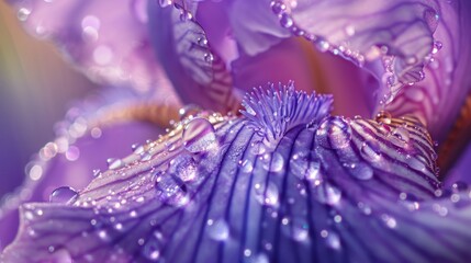 Poster - Water droplets clinging to the delicate filaments of a purple iris, resembling glistening pearls