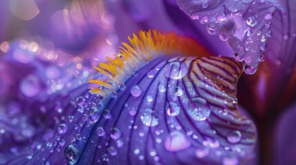 Poster - Water droplets clinging to the delicate filaments of a purple iris, resembling glistening pearls