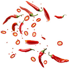 Floating cut red chili pepper for ingredient and menu decoration.