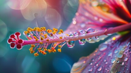 Poster - Water droplets clinging to the delicate filaments of a purple iris, resembling glistening pearls