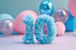 © Kassiopeia  - Blue and fluffy number ten with blurred balloons on the background. Playful symbol 10. Invitation for tenth birthday celebration. Children, kids party. Greeting card design.