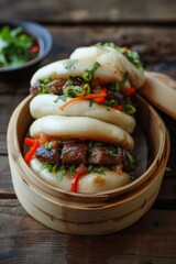 Wall Mural - Steamed Bao Buns with Succulent Pork Belly and Fresh Vegetables