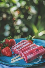 Wall Mural - Strawberry Fruit Popsicles on a Blue Plate Outdoor Setting