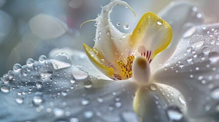 Fototapete - Water droplets collecting in the heart of a white orchid, enhancing its purity and elegance