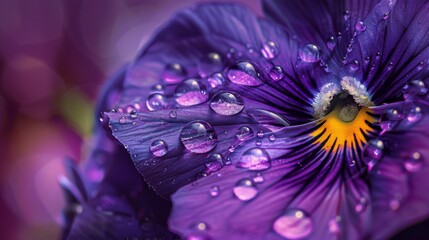 Aufkleber - Water droplets resting on the velvety surface of a purple pansy, enhancing its beauty with shimmering reflections