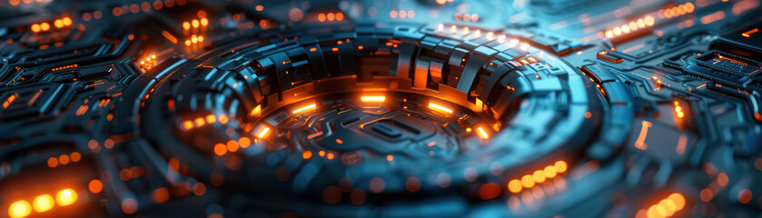 Poster - Futuristic digital circuit board with glowing orange lights and intricate technology patterns, representing advanced technology and innovation.