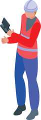 Poster - Construction manager wearing a safety helmet and vest, holding a tablet and gesturing while working on a construction site