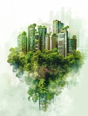 Wall Mural - A city is floating on top of a forest. The city is surrounded by trees and has a green tint