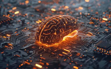 Poster - Futuristic digital brain glowing with orange lights on a detailed circuit board, symbolizing Artificial Intelligence, technology, and modern computing advancements.